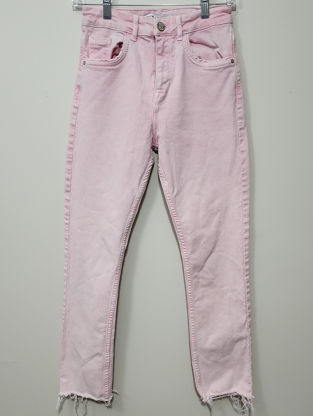 Zara Pastel Pink High Rise Straight Slim Raw Hem Denim Jeans Sz 4 Street Grunge